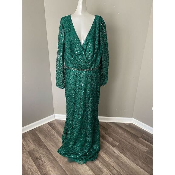 MAC DUGGAL EMBELLISHED WRAP OVER LONG SLEEVE GOWN - Picture 4 of 10